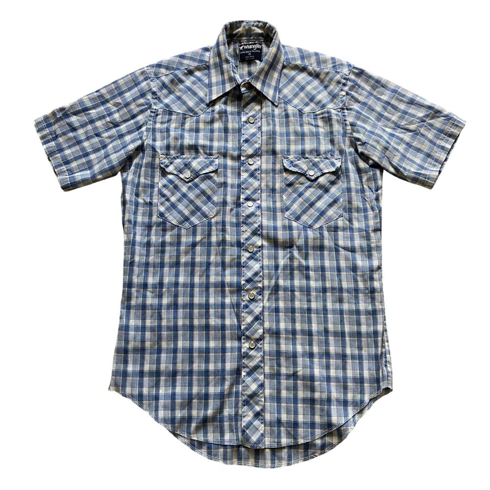 VTG Wrangler Plaid Long Tails Short Sleeve Shirt Men's 15 Blue Snap Buttons USA